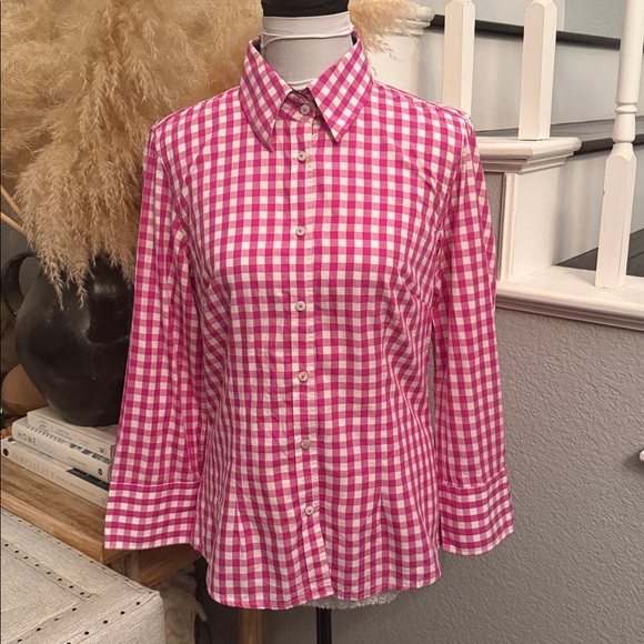 J. McLaughlin Tops - J. McLaughlin Pink Gingham Preppy Plaid Print Button Down Top Blouse Size 8